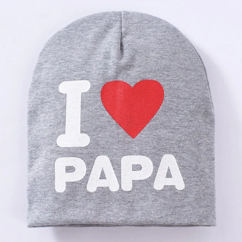 Весенне-Осенняя детская вязаная теплая хлопковая шапочка для малышей, детские шапки с принтом «I LOVE PAPA MAMA» для мальчиков и девочек - Цвет: Gray PAPA