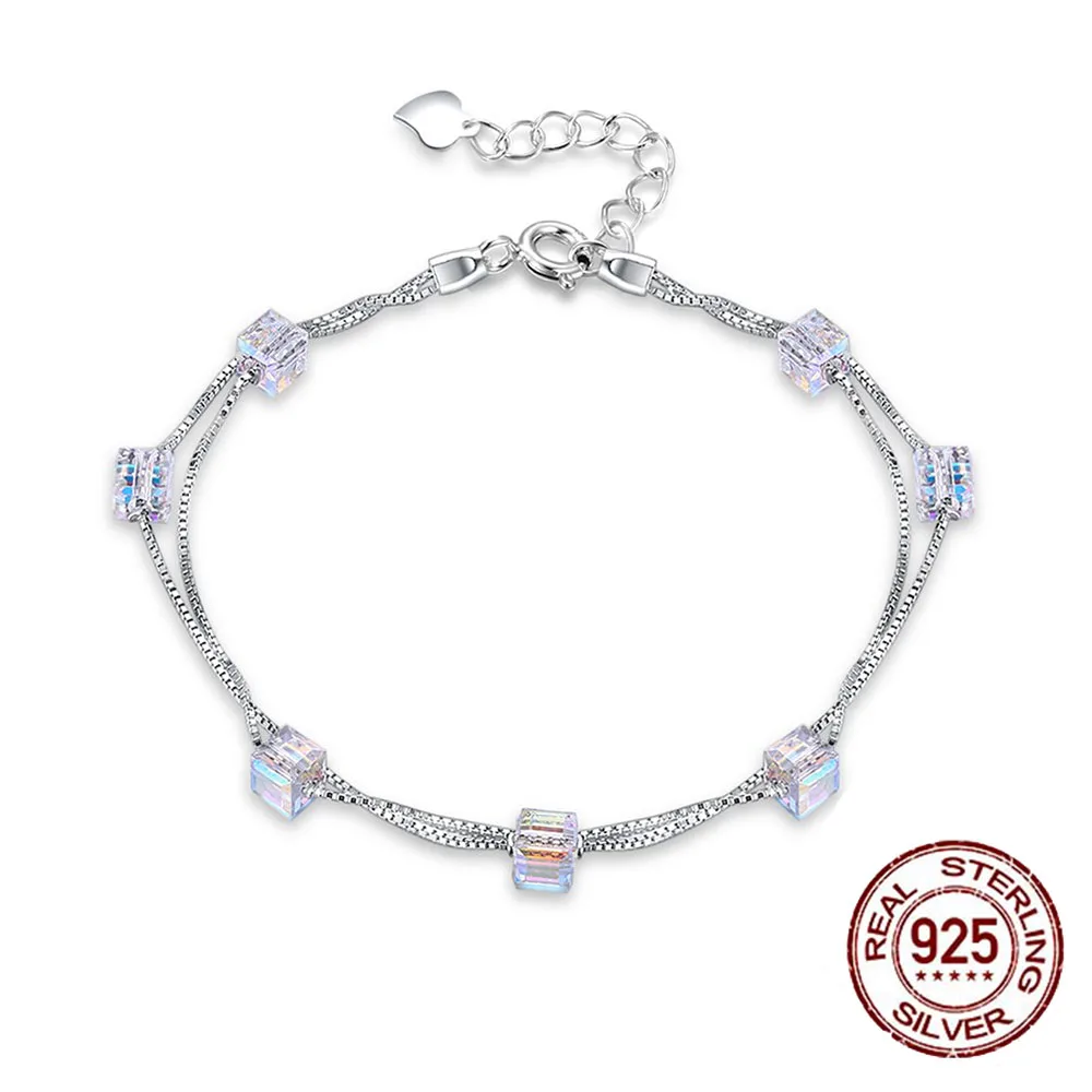 

S925 Sterling Silver Chain Link Strand Bracelets LEKANI Crystals From Swarovski Small Square Charm Women Jewellery