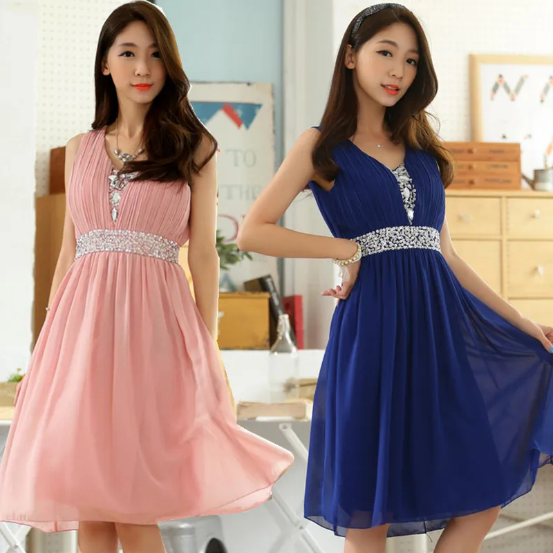 

BIG SIZE L~3XL Sexy Ladies V Neck Beads Sequine Chiffon Dress Women Female Plus Large Short Pleat Luxury Wedding Party Dresses