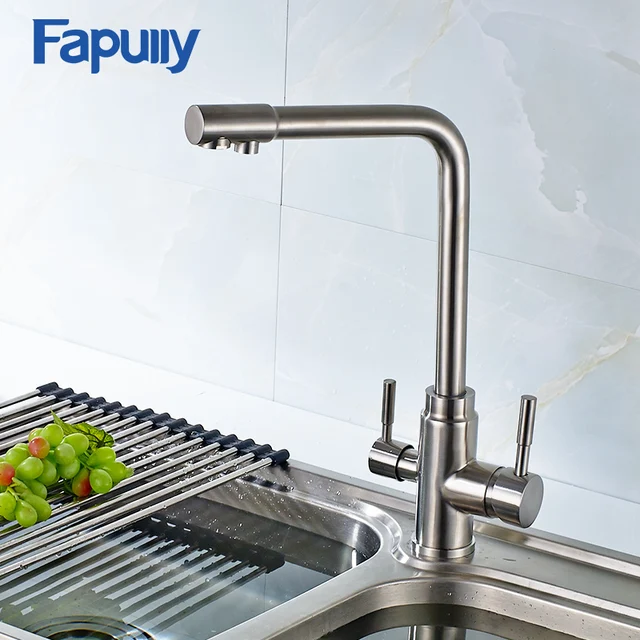 Cheap Fapully 3 Way Kitchen Faucet with Filtered Water Nickel Brushed Mixer Tap Dual Handles Cold and Hot Faucets 175-33N