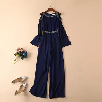 

European and American women's fashion 2019 spring new style Long-sleeved off-the-shoulder heavy duty beaded jumpsuit