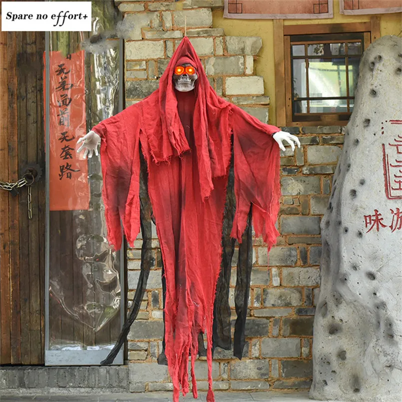 

Haunted House Escape Decor Creepy Ghost Doll Red Cloth Scary Eyes Glowing Make Horror Sound Halloween Decoration Props Ghost Toy