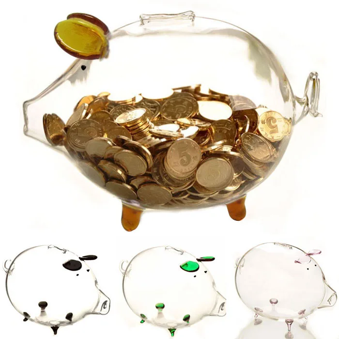 Colors! Clear Glass Cute Chubby Pig Piggy Bank Money box Coin Saving