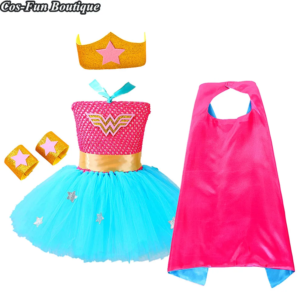 

Super Girl Hero Costume Baby Girl Tutu Dress Hot pink&turquoise Popular Christmas Dress Halloween Birthday Party Girl Dress