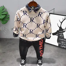 Весенне-осенняя одежда для маленьких мальчиков Теплый хлопковый комплект одежды для мальчиков, вязаный свитер, рубашка, джинсы модный детский спортивный костюм из 3 предметов