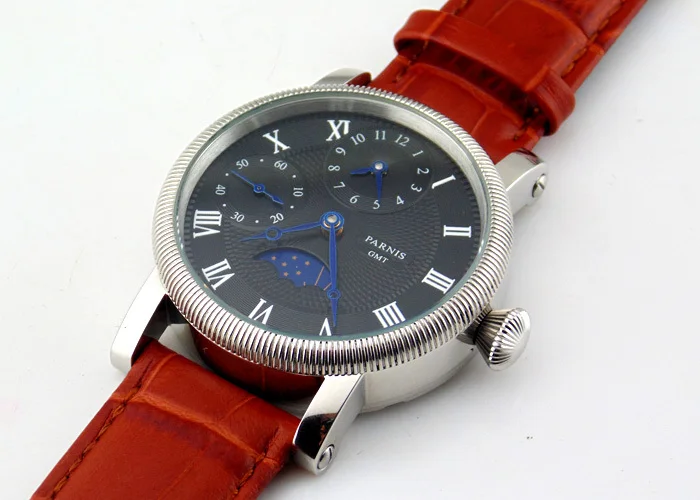 Parnis 43 мм роскошные черные тисненые часы GMT с ручным заводом 6497 E264