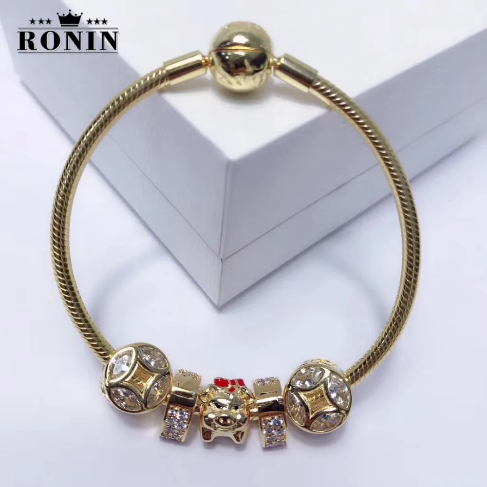

RONIN 2019 New Style Sterling Silver Original Copy High Quality 1:1 Rich&Golden Piggolden Yellow Bracele With Logo Free Mail