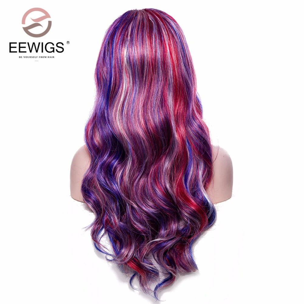 EEWIGS 2" Высокая температура волокна парик красный фиолетовый смешанный цвет длинные волны парик кружева передние синтетические парики для женщин часть