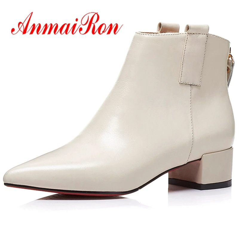 

AnmaiRon Women Ankle Boots Elegant Short Boots Pointed Toe Solid Middle Heel Boots Size 34-42 Spring and Autumn Boots LY002