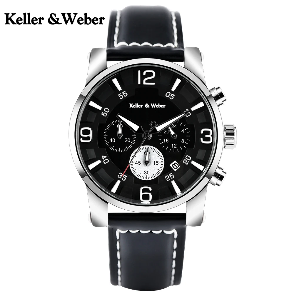 

Keller & Weber Creative Wrist Watch Men Sport Luxury Brown Black Genuine Leather Band Strap 30 m Waterproof Quartz Men's Watches