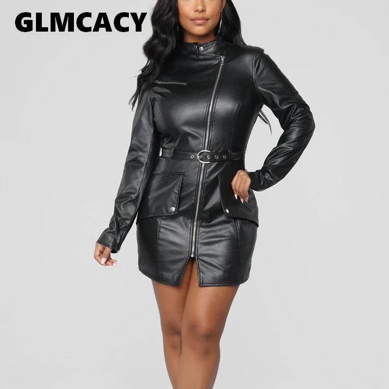 

Women Spring Autumn PU Leather Slim Dress Sexy Chic Black Long Sleeve Zipper Celebrity Bodycon Party Dresses Vestidos