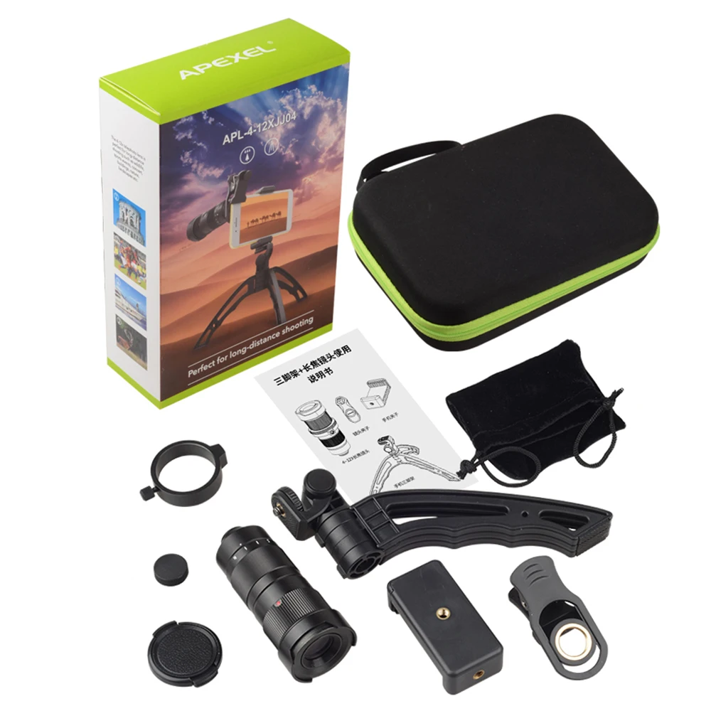 Apexel Mobile Phone Camera lens Optical 4-12X Zoom Telephoto Telescope Lens+Mini selfie Tripod for all smartphones 22 Apexel Mobile Phone Camera lens Optical 4-12X Zoom Telephoto Telescope Lens+Mini selfie Tripod for all smartphones 1