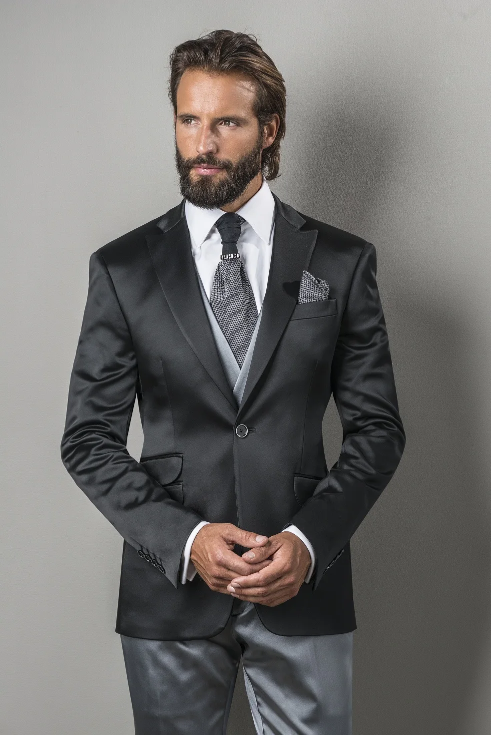 2017 Latest Coat Pant Design Black Satin Italian Men Suit Slim Fit 3