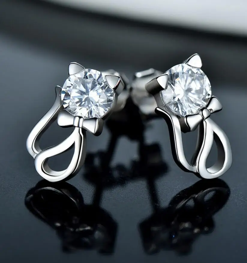 

Cute 925 Sterling Silver White Cz Zircon Kitty Cat Gato Stud Earring For Women Children Girls Kids Jewellery Gift Brinco Pequeno