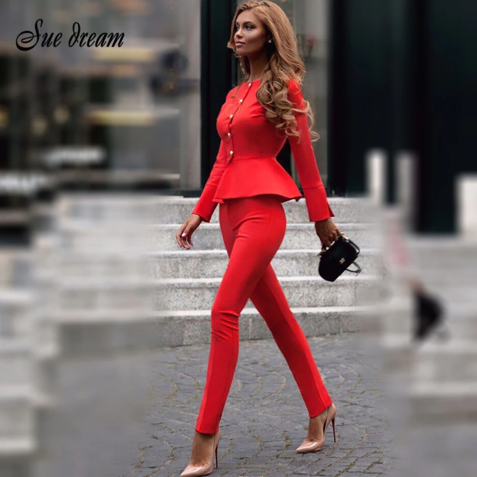 

2019 Summer New Women's High Quality Red Long Sleeve 2 Piece Two Piece Set Bodycon Stylish Elegant Club Party Set
