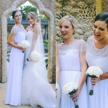 Vintage Scoop Beaded Sequins White Chiffon Floor Length Long Cap Sleeve Bridesmaid Dress 2014 New