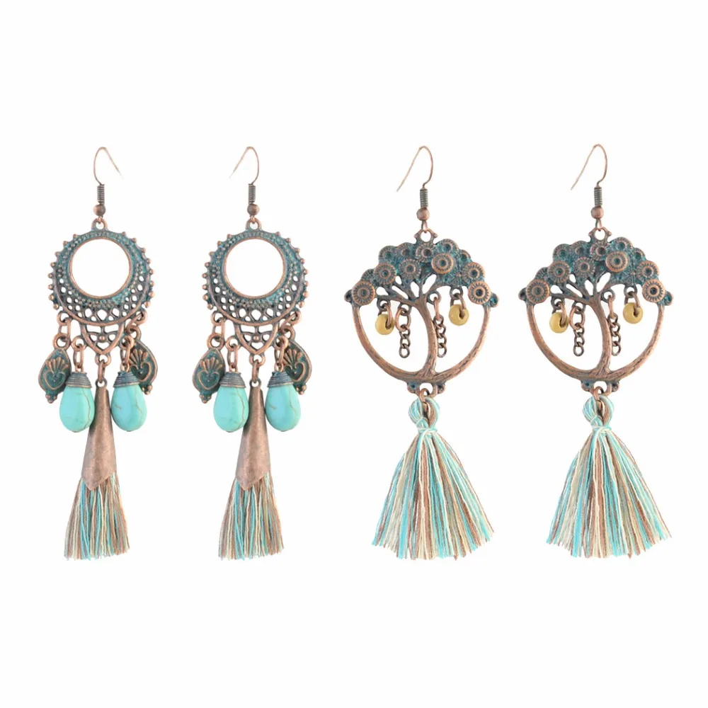 Sweet Clip on Earrings Bohemian Fringe Resin Bead Fabric Thread for Girls Women Blue