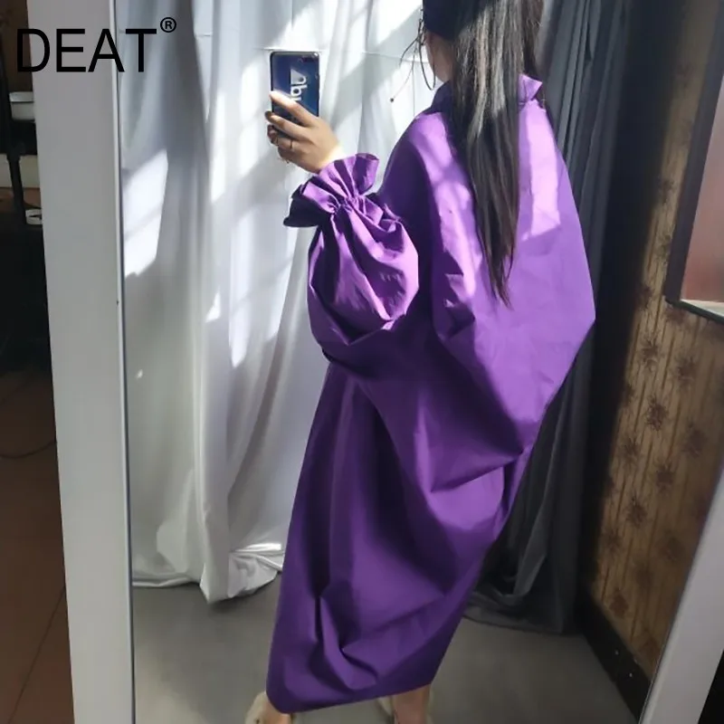 

[DEAT] 2019 Spring Summer Woman Stylish New Black Color Pleated Long Puff Sleeve V Neck Long Loose Draped Big Size Dress LG02