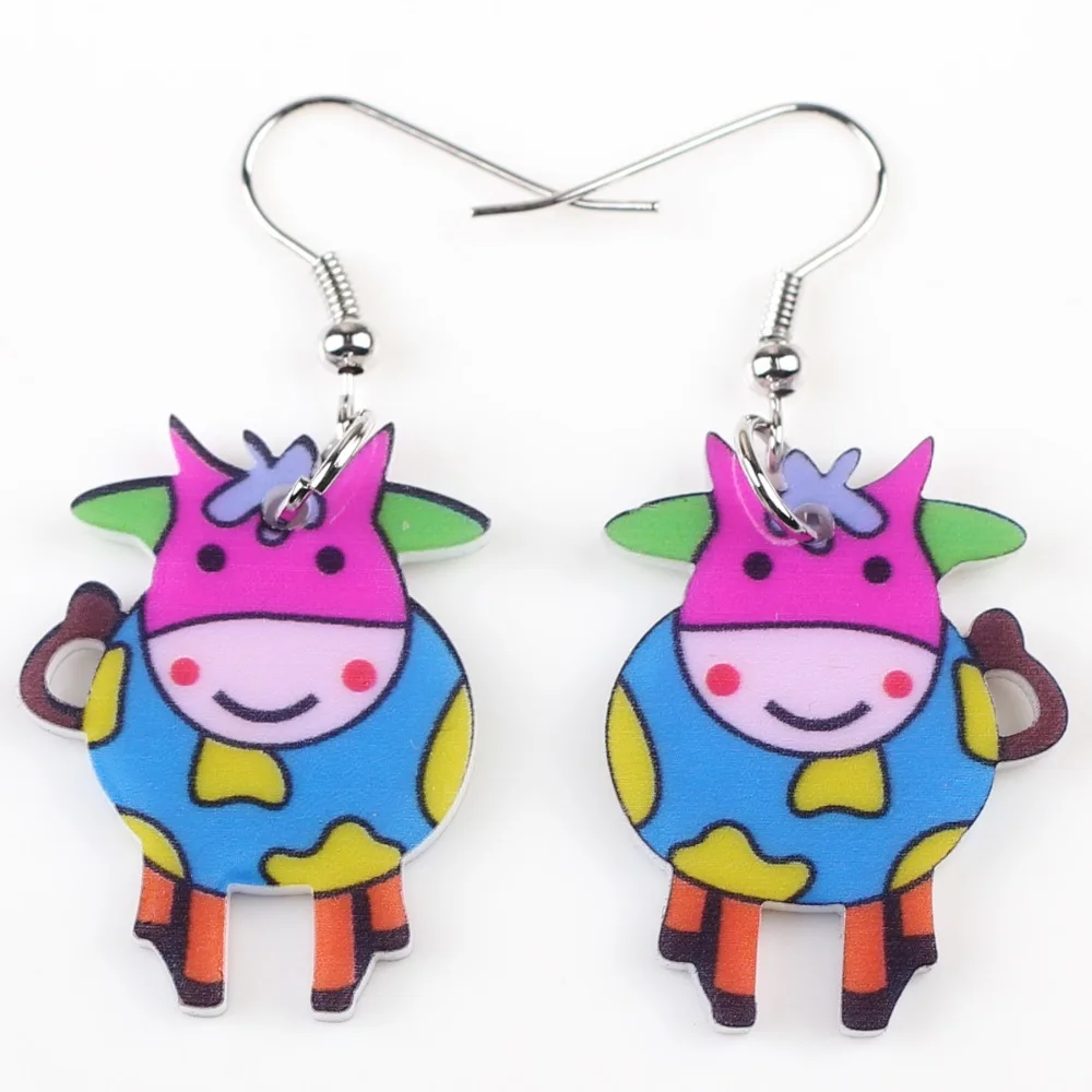 

Bonsny drop cow earrings acrylic dangle pattern new 2015 spring summer girl woman fashion jewelry accessories cute animal design