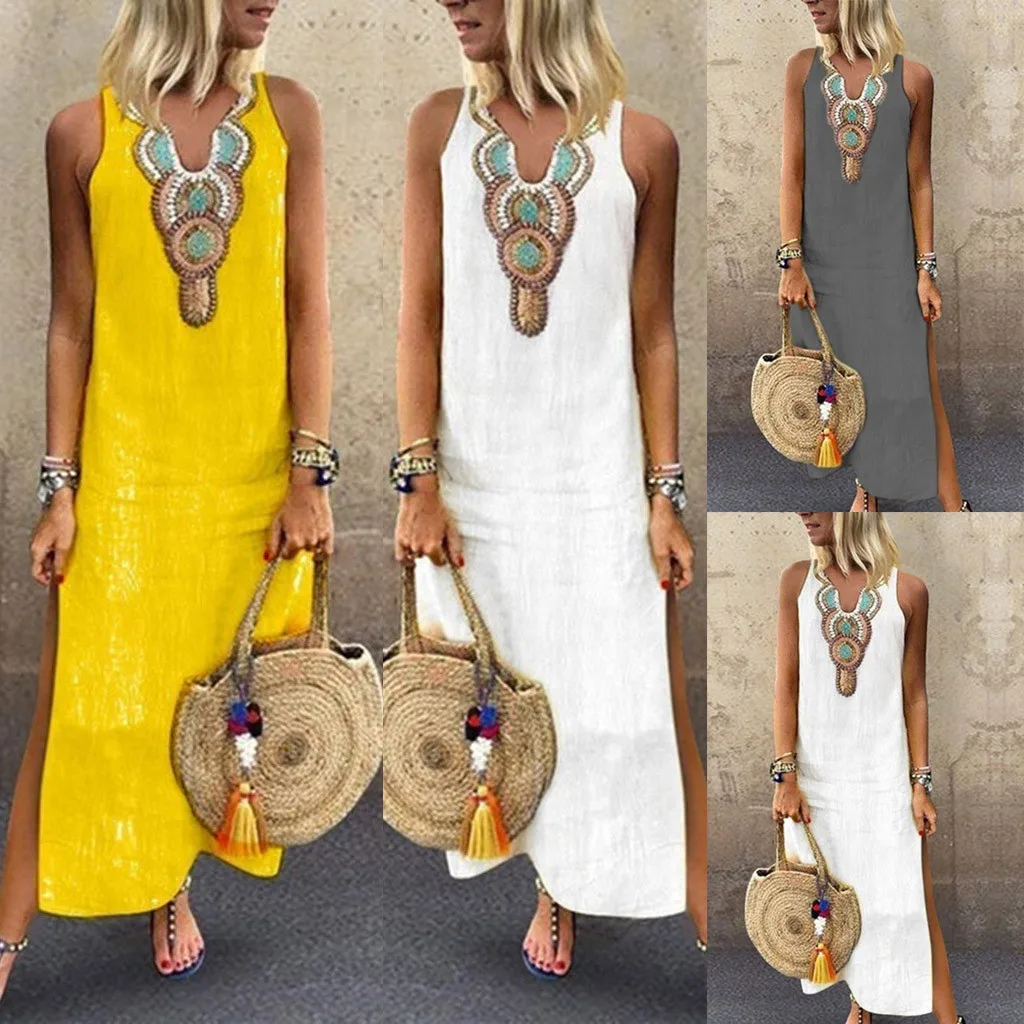 

Women’s Printed Sleeveless V-neck Maxi Dress Split Hem Baggy Kaftan Long Dress Sukienki Na Wesele Damski#8.7