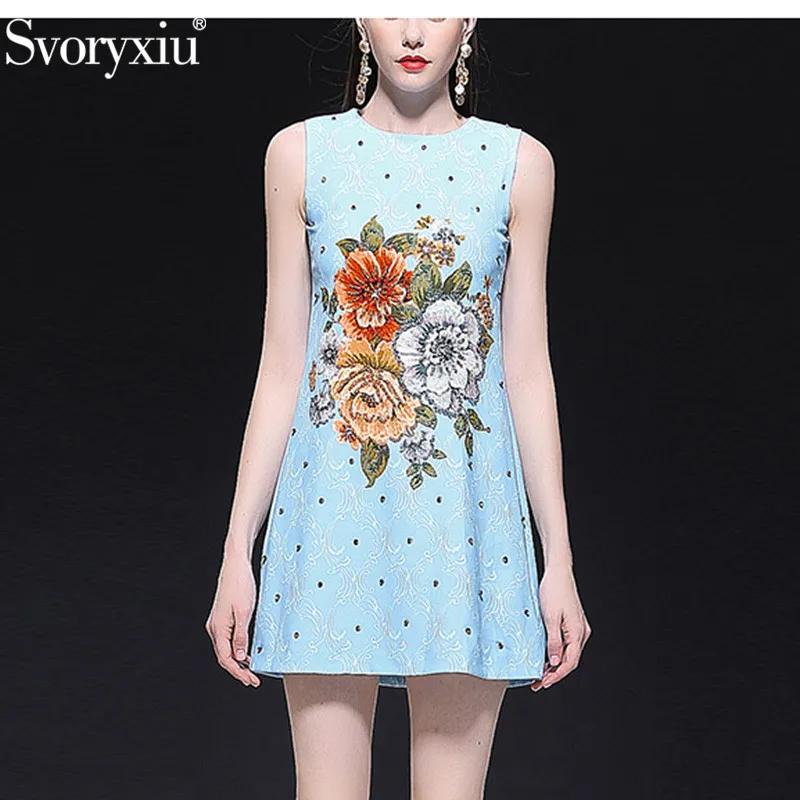 

Svoryxiu Runway Custom Summer Sleeveless Mini Dress Women's High End Flower Print Crystal Beading luxury Party Blue Short Dress