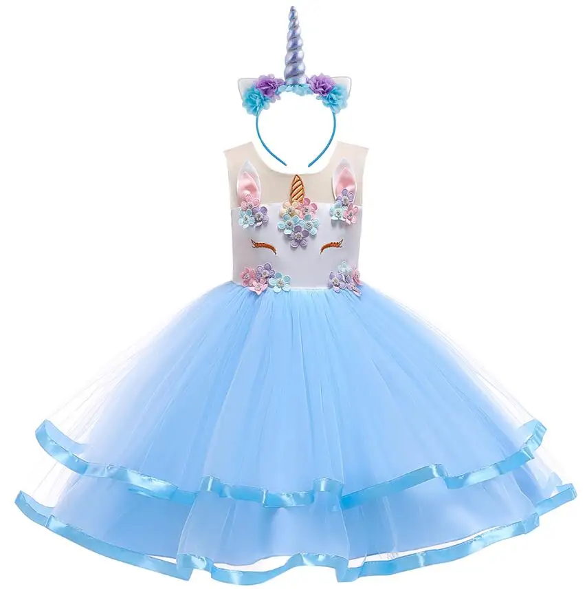 Комплект из 2 предметов; детская одежда для девочек костюм с единорогом и цветами маскарадное нарядное платье с фатиновой юбкой повязка на голову; детский наряд для дня рождения - Цвет: Sky Blue