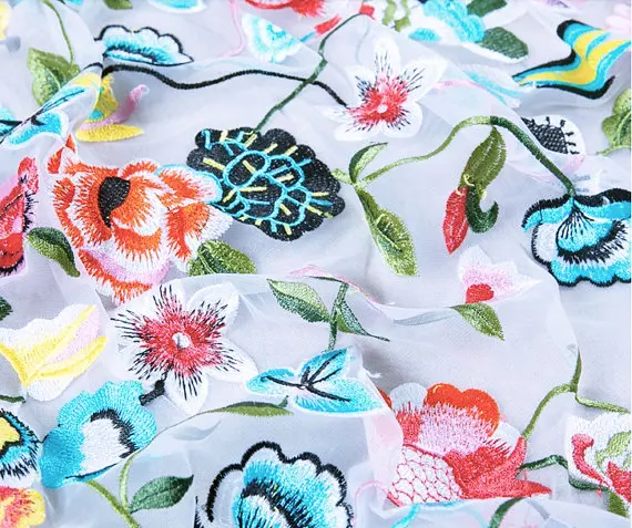 

5 yards heavy embroidered multi color lace fabric in vintage floral, ivory mesh lace fabric in multi-colors floral