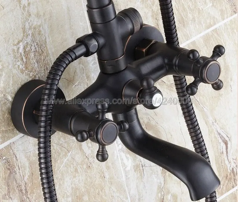 Черный Масло втирают бронзовые настенные наборы кранов для душа ванной комнаты с двойной ручкой смеситель кран с ручным душевым краем Krs667