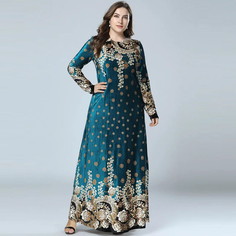 

New Winter Velvet Maxi Long Dresses Elegant Gold Stamping Floral Printing Muslim Dress BLUE PINK GREEN M - 4XL