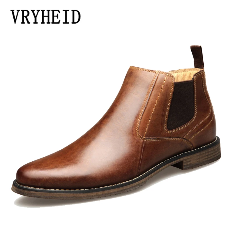 

VRYHEID Genuine Leather Men Boots Vintage Style High Top dress Shoes Men Fashion Casual chelsea boots Male Ankle boots Plus Size