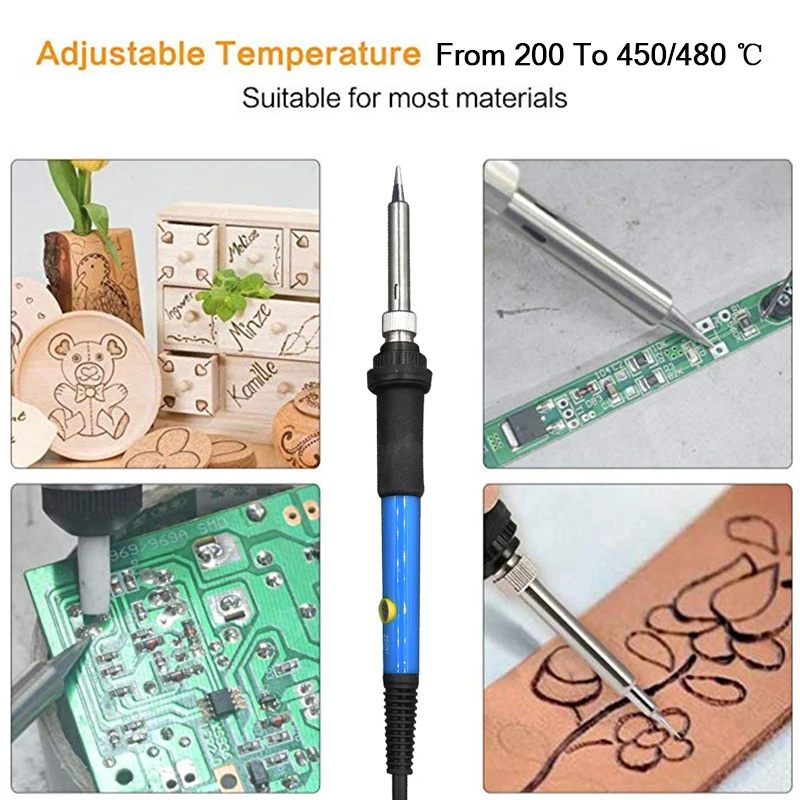 KALAIDUN Soldering Iron Adjustable 60w EUUS Plug Carving Pyrography Tool Wood Embossing Burning Solderng Pen Welding Tips Kit7