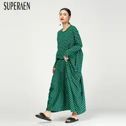 SuperAen полосатый нерегулярные платье Для женщин с длинным рукавом Хлопок Повседневное дикий платье Весна Новый 2019 Европа женская одежда