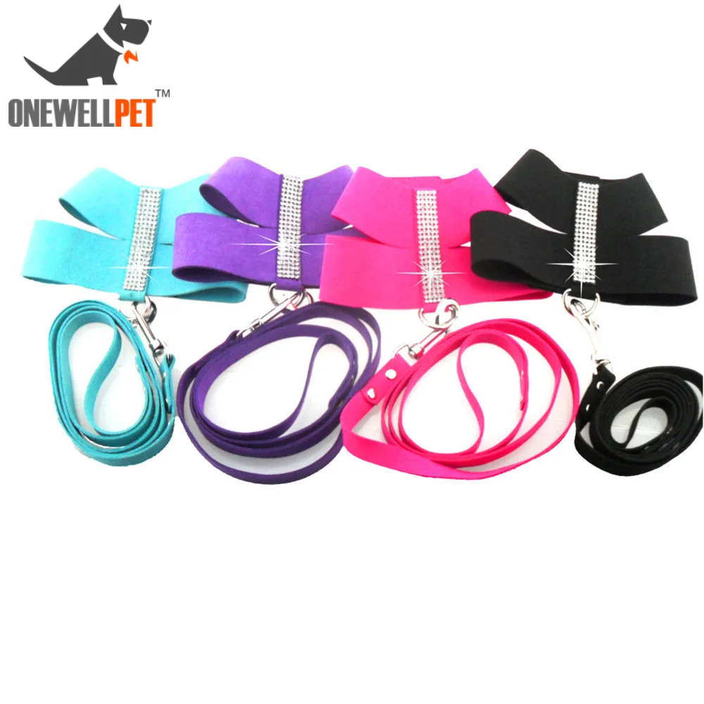 Onewellpet Brand Korean Velvet Pet Harnesses With Rhinestones And 120cm Leashes For Teddy And
