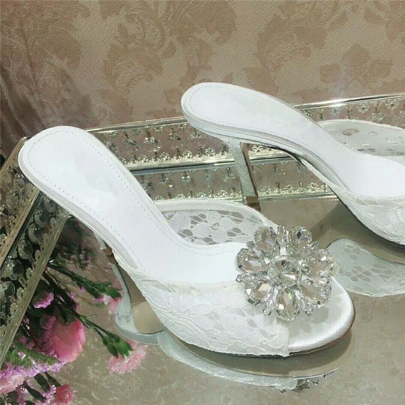 Стразы; кружевные шлепанцы с вырезами; Женская Роскошная обувь для вечеринок с кристаллами; пикантные женские туфли без задника на высоком каблуке с открытым носком