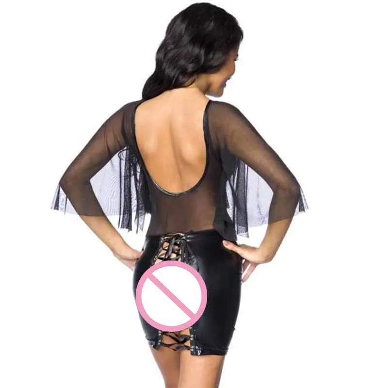 

Exotic Patchwork Sheer Club Dress Sexy Women's Transparent Mesh Vinyl Leather Back Lace Up Sheath Mini Clubwear Dress Black