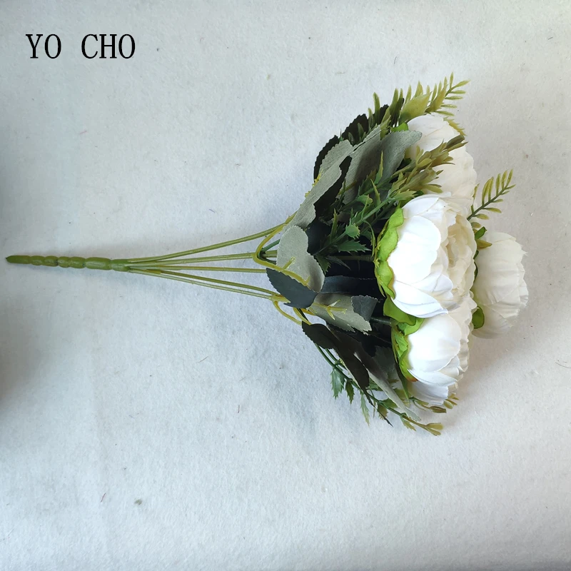 YO CHO 6 Heads Peony Bouquet Artificial Flower High Quality Silk White Roses for Wedding Decoration China Fake Plastic Flowers