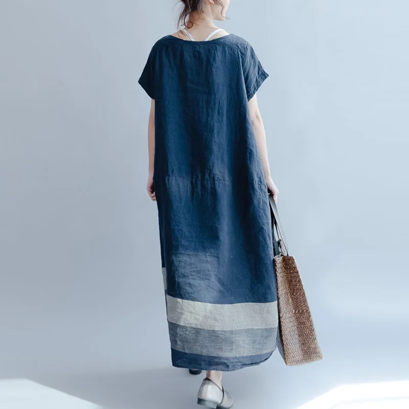 Women Patchwork Round Neck Loose Long Shirt Female Short Sleeve Cotton Dress Brief Vestido Pullover Oversize Baggy Party Kaftan Dresses