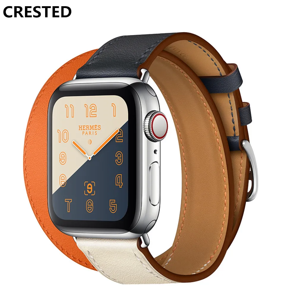 

CRESTED double tour Leather strap For apple watch 4 band 40mm 44mm correa iwatch series 3 2 1 42mm 38mm wrist watchband belt