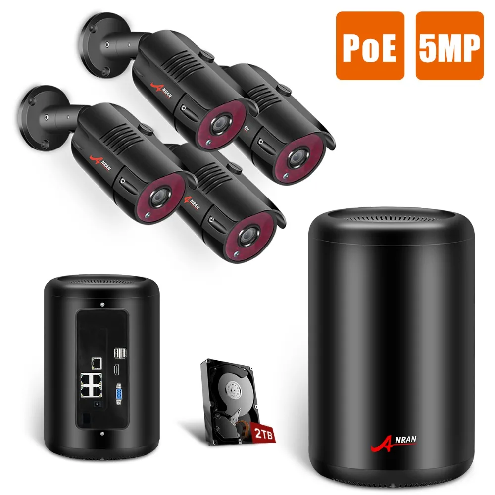 

ANRAN 5MP HD 4CH Waterproof Night Vision POE Cameras Cylindrical NVR Outdoor Surveillance System with 2TB HDD Pre-installed