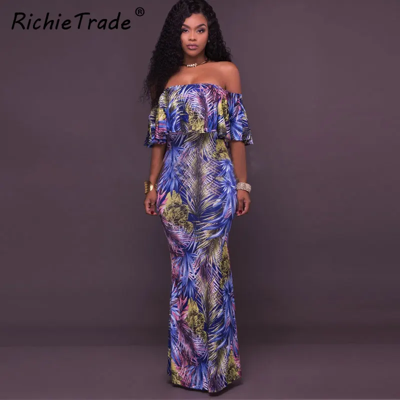 

RICHIETRADE Floral Print Vintage Summer Dresses Slash Neck Off Shoulder Woman Dress 2017 New Loose Ruffles Womens Clothing