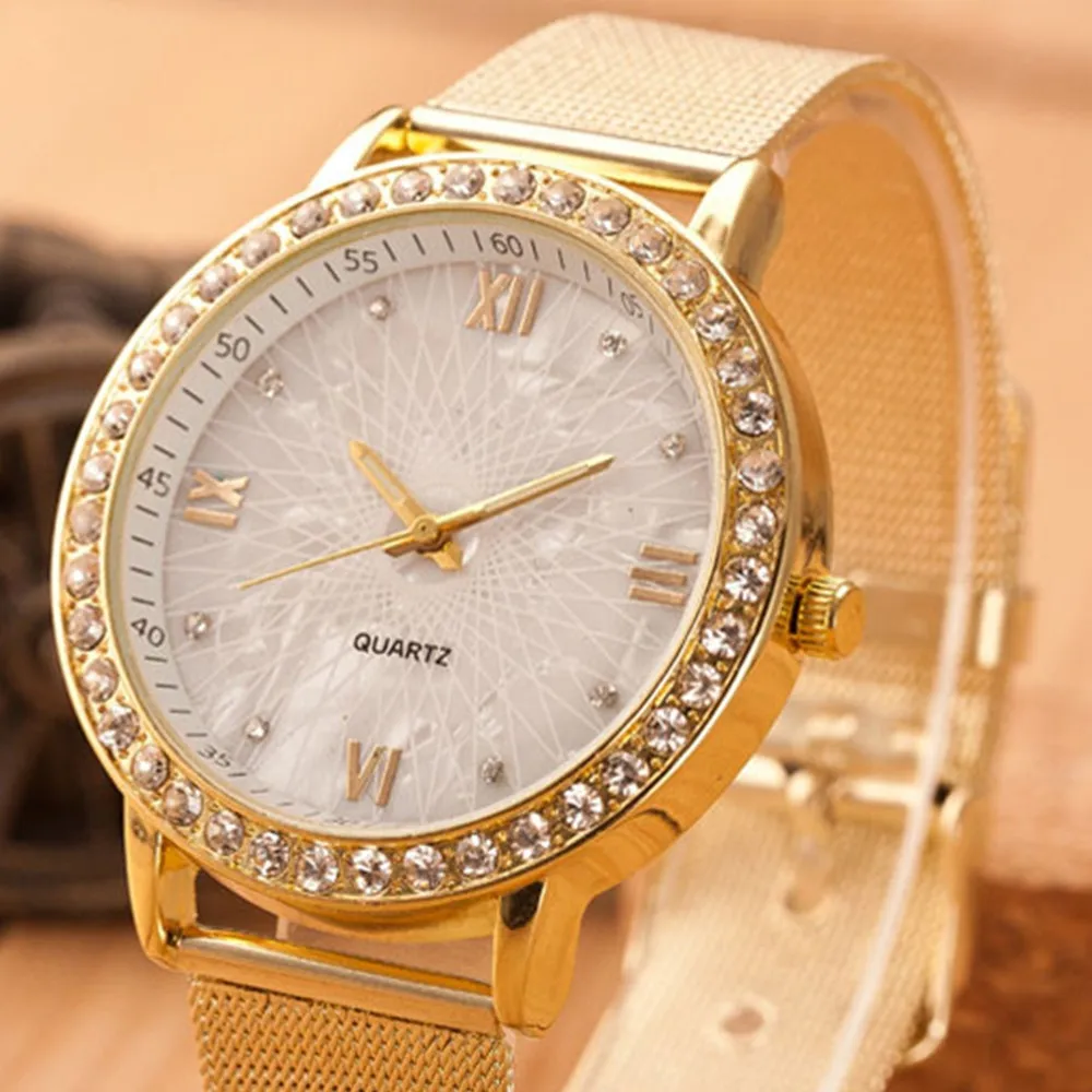 

Classy Women Ladies Crystal Roman Numerals Gold Mesh Band Wrist Analog Quartz bayan kol saati relojes para mujer zegarki damskie