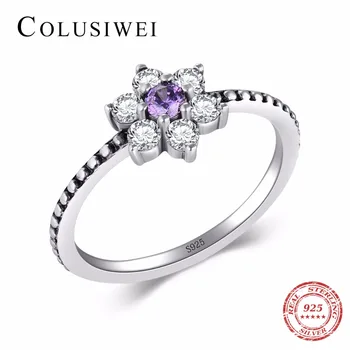 

New Sale Engagement Fashion Jewelry Zirconia Beautiful Finger Rings100% Real 925 Sterling silver Purple Crystal flowers Ring