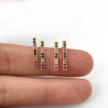 

10Pairs Gold color bar micro paved rainbow zirconia cz stud earrings for Women Girl fashion jewelry ER849