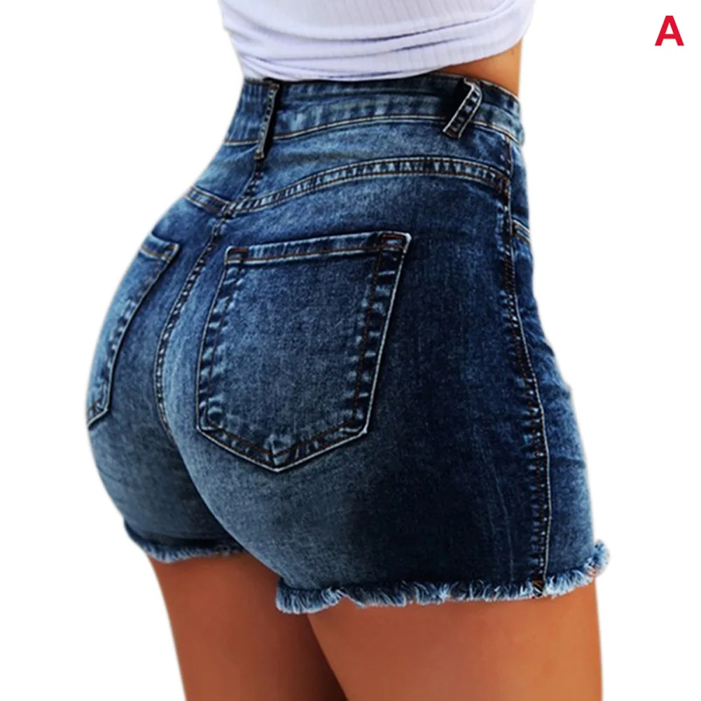 dark blue A Women Short Jeans High Waist Tassel Hem Holes Hot Shorts for Summer KNG88 - Color: dark blue A