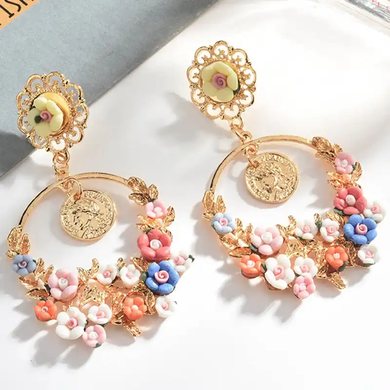 Богемные 2 цвета изысканный большой цветок висячие серьги Модные золотистые металлические круглая капля серьга вечерние праздничные ювели...