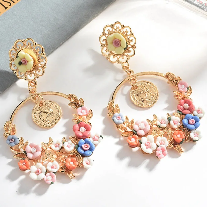 

Bohemia 2 Colors Exquisite Large Flower Dangle Earrings Fashion Gold Metal Round Drop Earring Party Holiday Jewelry Accessories