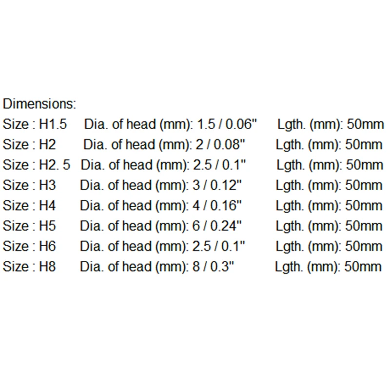 8pcs Magnetic Hexagon Screwdriver Bit S2 Steel 1/4 Inch Hex Shank  Screw Drivers Set 50mm Length H1.5-H8