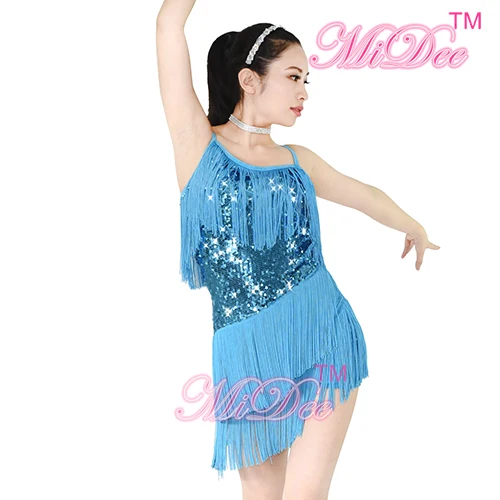 Асимметричная юбка с кисточками на одно плечо, асимметричный костюм с блестками, платье для латинских танцев для девочек, 2 цвета - Цвет: Sky Blue