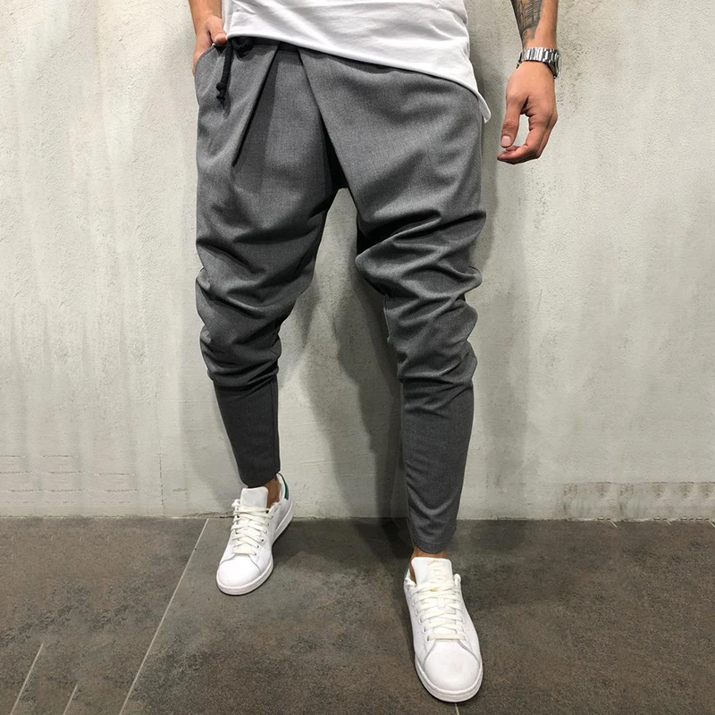 Men Long Casual Irregular Pants Gym Slim Trousers New Solid Running Joggers Gym Drawstring Sashes Long Sweatpants