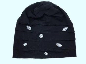 

B17997 fashion new style solid 100%cotton hats,hand sew blingbling crystal,black wrinkle fashion's women skullcap